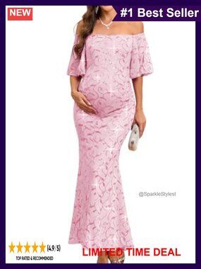 Off-Shoulder Sequin Maternity Evening Gown Puff Sleeve Mermaid Maxi Dress